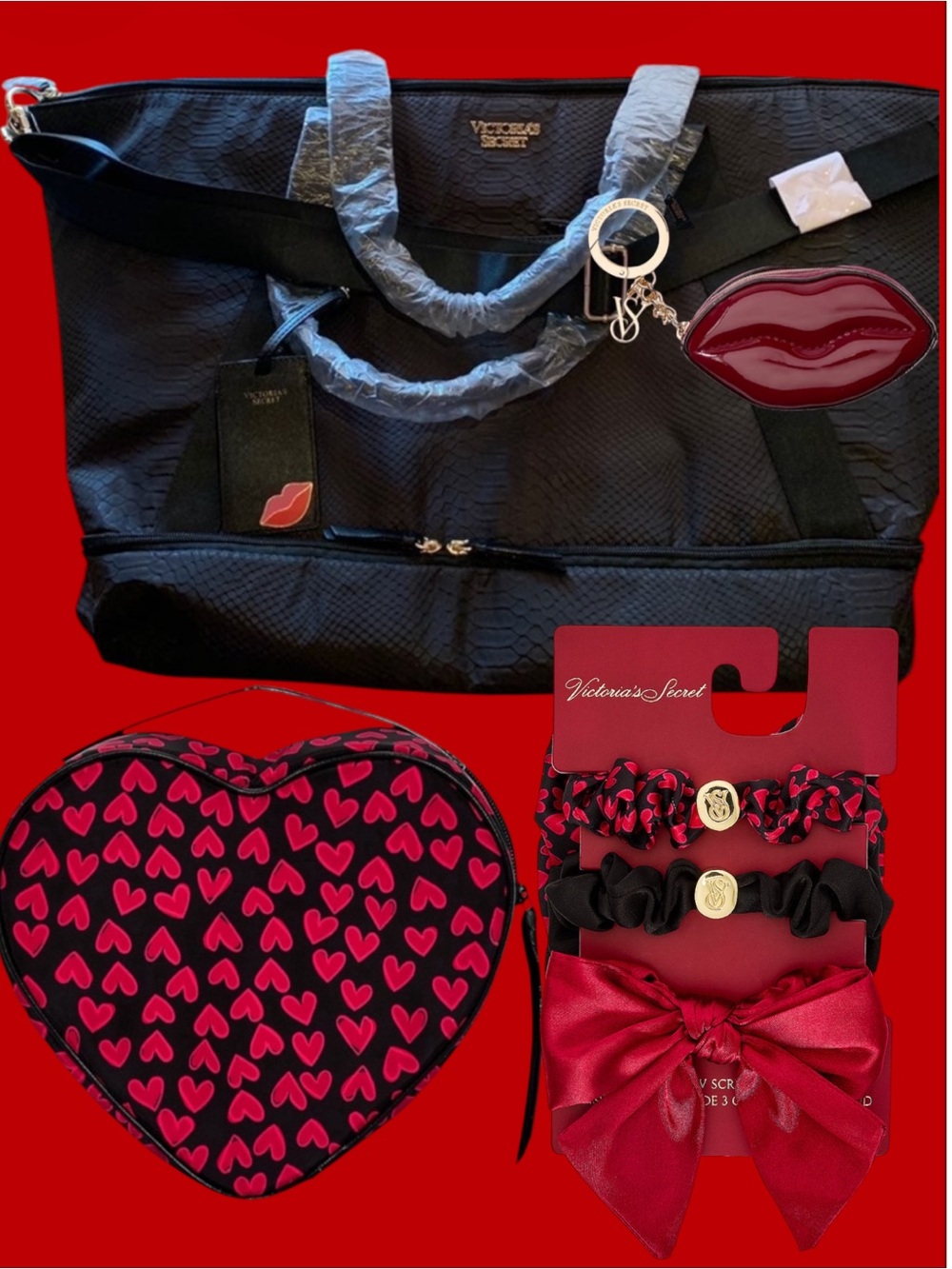 Victoria's Secret Weekender Bag with Red Heart Cosmetic Case & Accessories